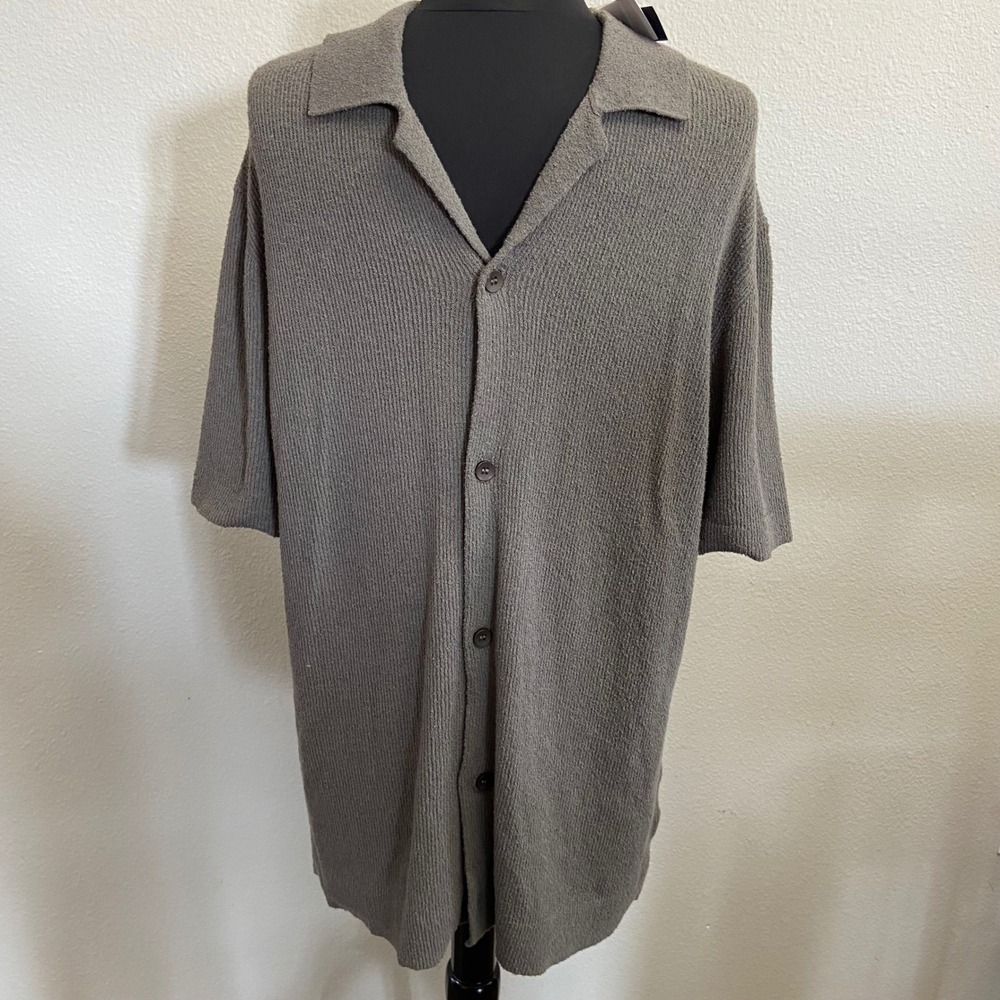 Premise Mens Medium‎ Olive Knit Camp Shirt NEW Short Sleeve Ribbed Button Up